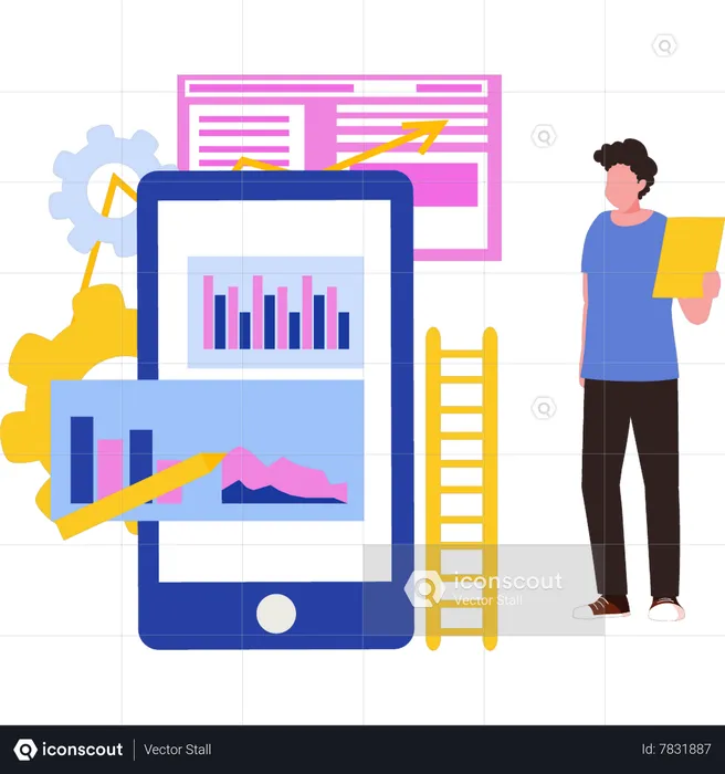 Man looking at graph on mobile  Illustration