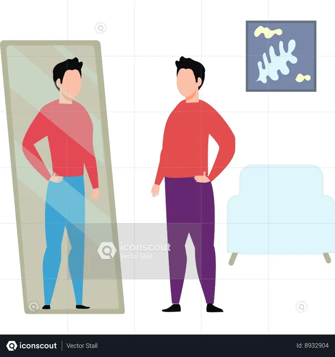 Man Looking At Himself In The Mirror As Fit Person  Illustration