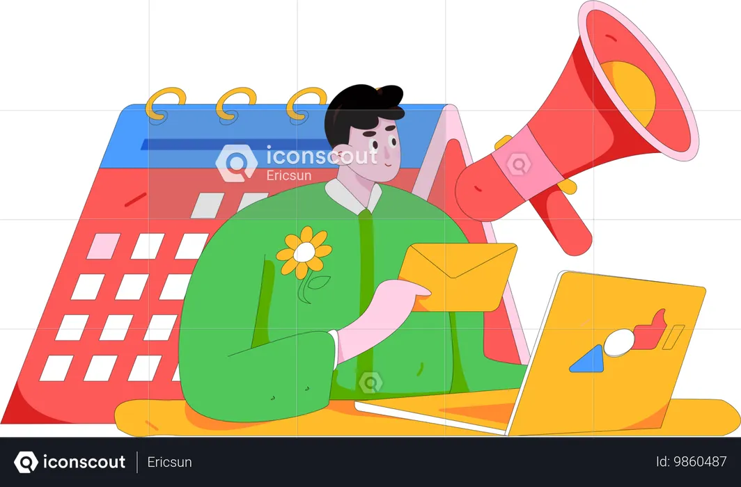 Man looking at laptop while doing mail marketing  Illustration