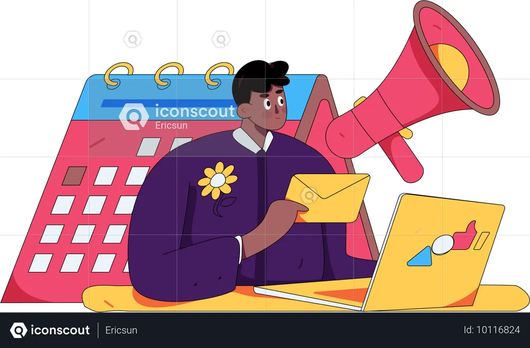 Man looking at laptop while doing mail marketing  Illustration