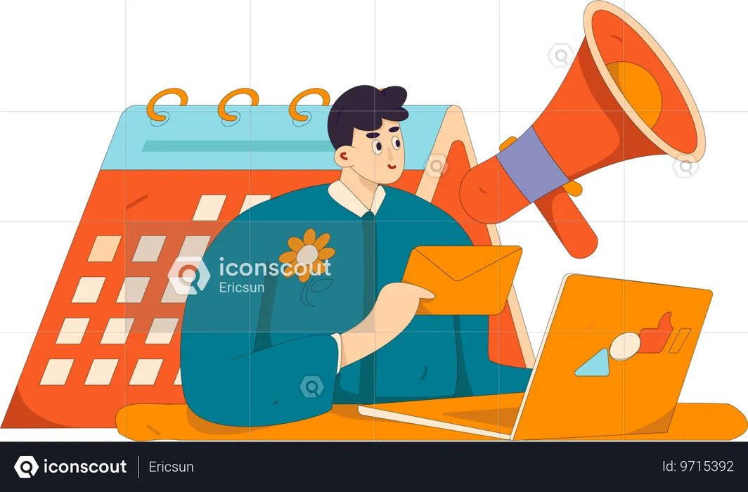 Man looking at laptop while doing mail marketing  Illustration