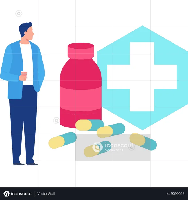 Man looking at medicines  Illustration