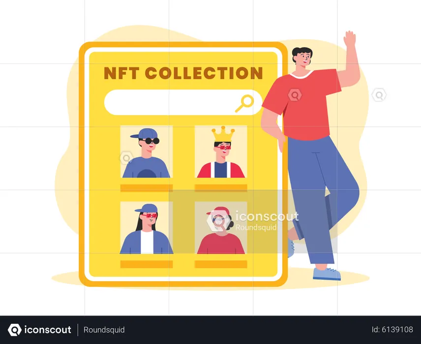 Man looking at online NFT collection  Illustration