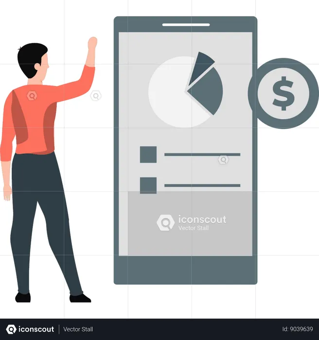 Man looking at pie graph on mobile phone  Illustration