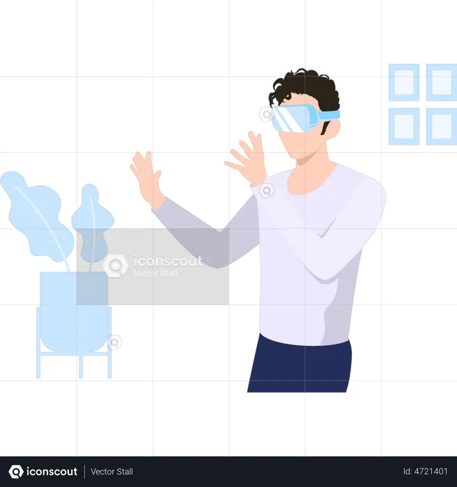 Man looking at plant pot through VR glasses  Illustration