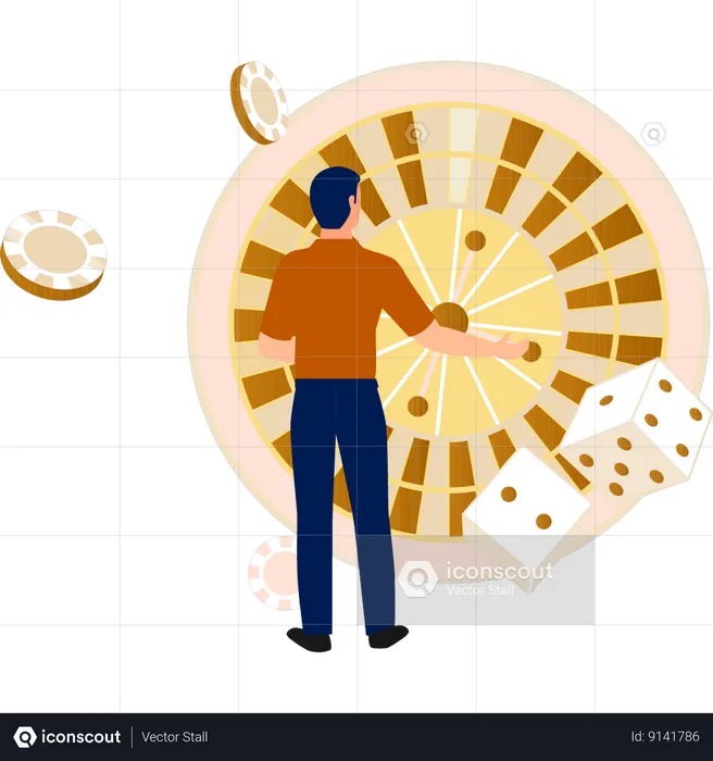 Man looking at roulette wheel  Illustration