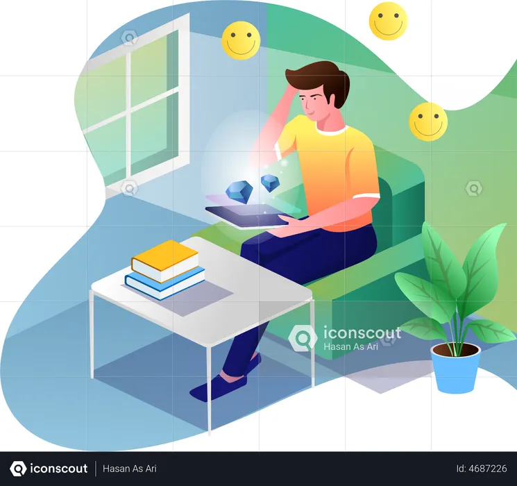 Man looking at smartphone in living room  Illustration