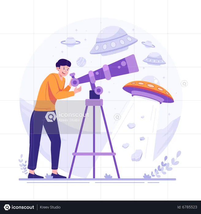 Man looking at UFO with telescope  Illustration
