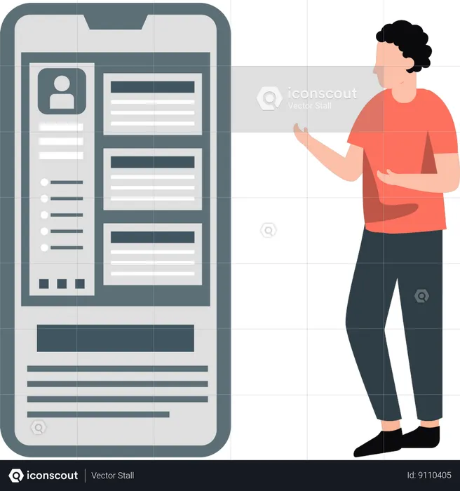 Man looking at user profile on mobile  Illustration