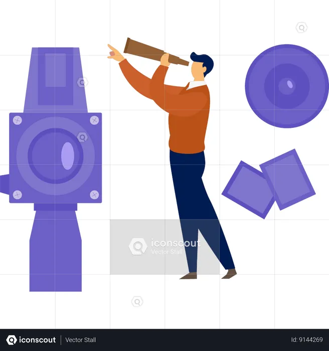 Man looking Camera through spyglass  Illustration