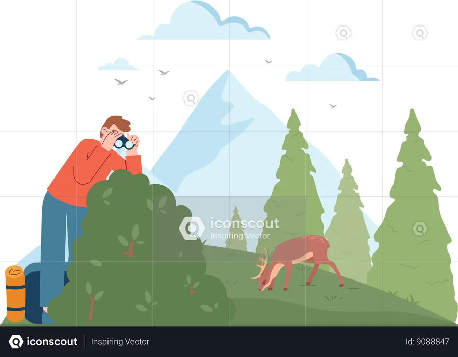 Man looking deer using binoculars  Illustration