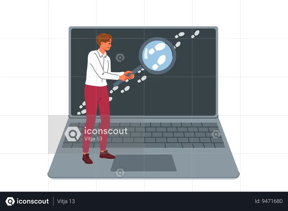Man looking for traces on internet working OSINT specialist and holding loupe near laptop  Illustration