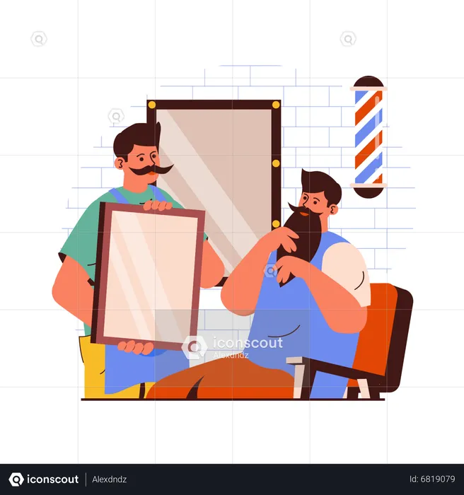 Man looking in mirror after haircut  Illustration