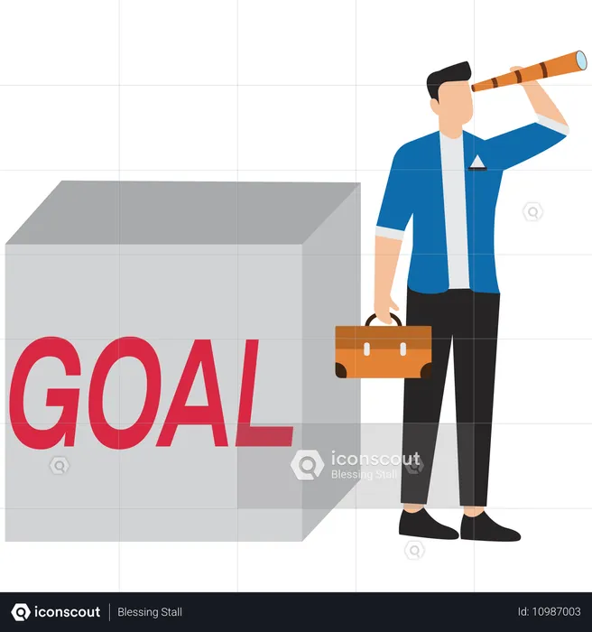 Man looking through binoculars near cubes with goal  Illustration