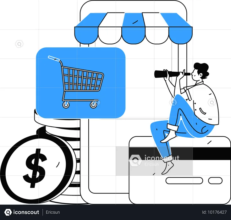 Man looking to spend money on shopping app  Illustration