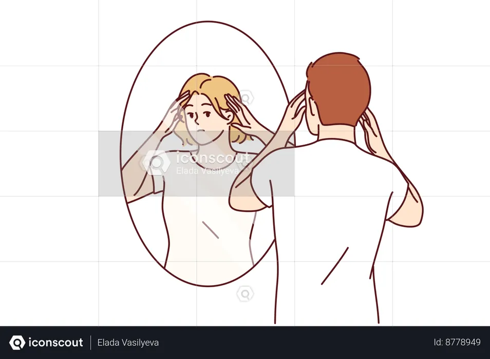 Man looks at his sad face in mirror  Illustration