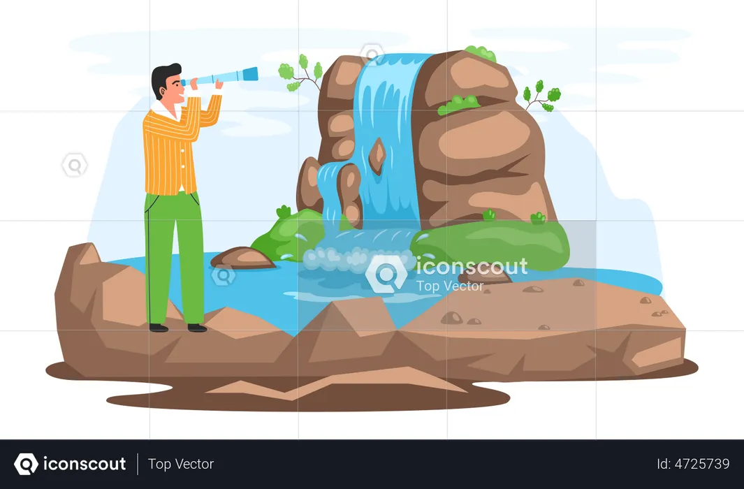 Man looks at waterfall during travel  Illustration