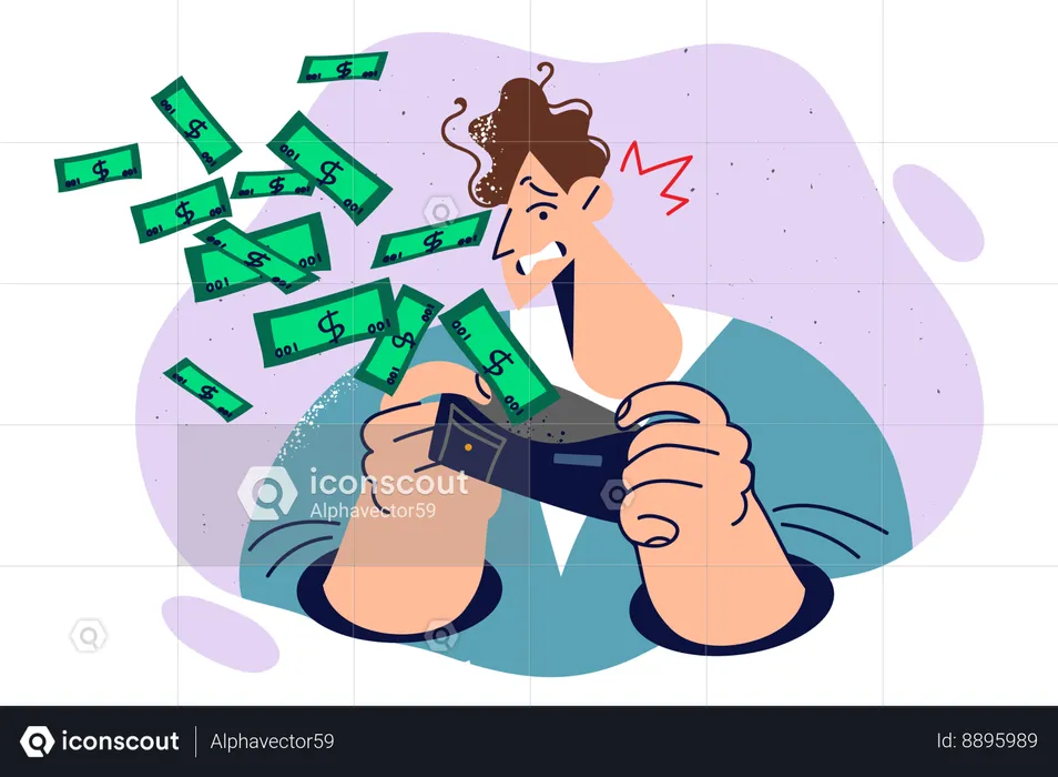 Man looks in wallet with money flying out and cannot control expenses due to lack financial literacy  Illustration