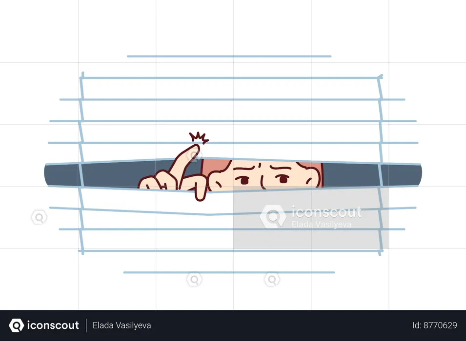 Man looks out from window secretly  Illustration