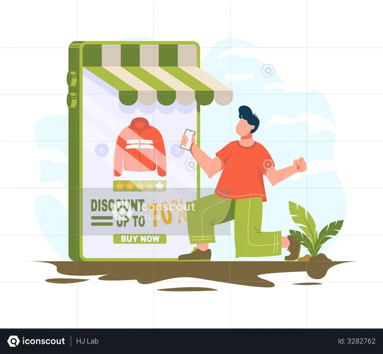 Man love to get discounts on online shopping  Illustration