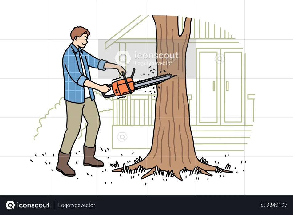 Man lumberjack uses chainsaw to get rid of old and diseased tree growing near house  Illustration
