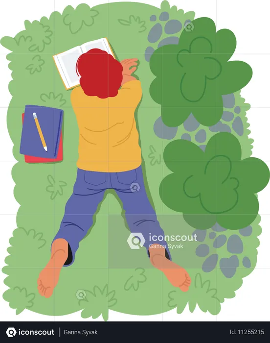 Man Lying On Grass while Reading Book  Illustration
