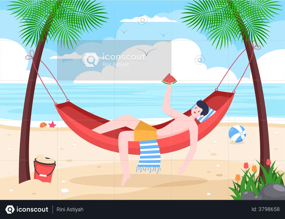 Man lying on hammock and eating  watermelon  Illustration