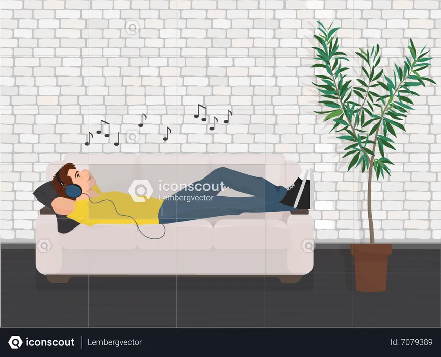 Man lying on sofa and listening music  Illustration