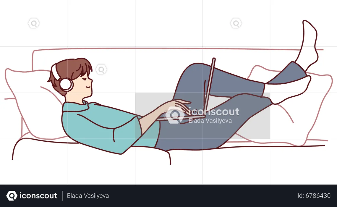 Man lying on sofa while working on laptop  Illustration