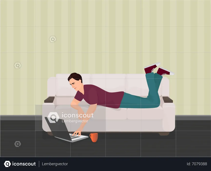 Man lying on sofa with laptop  Illustration