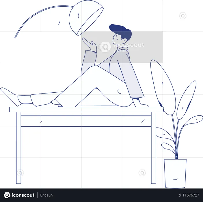 Man lying on table while showing lamp  Illustration