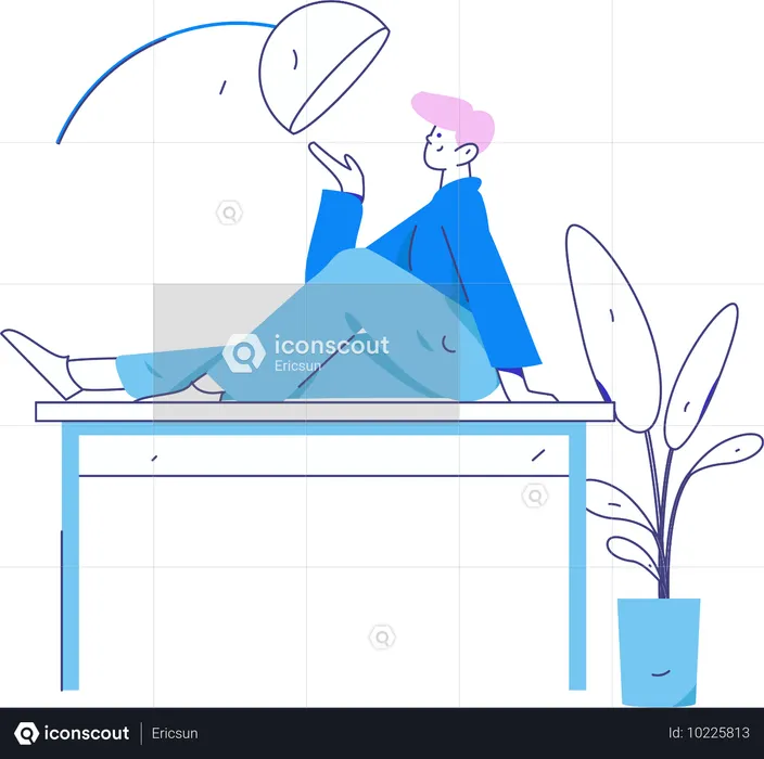 Man lying on table while showing lamp  Illustration