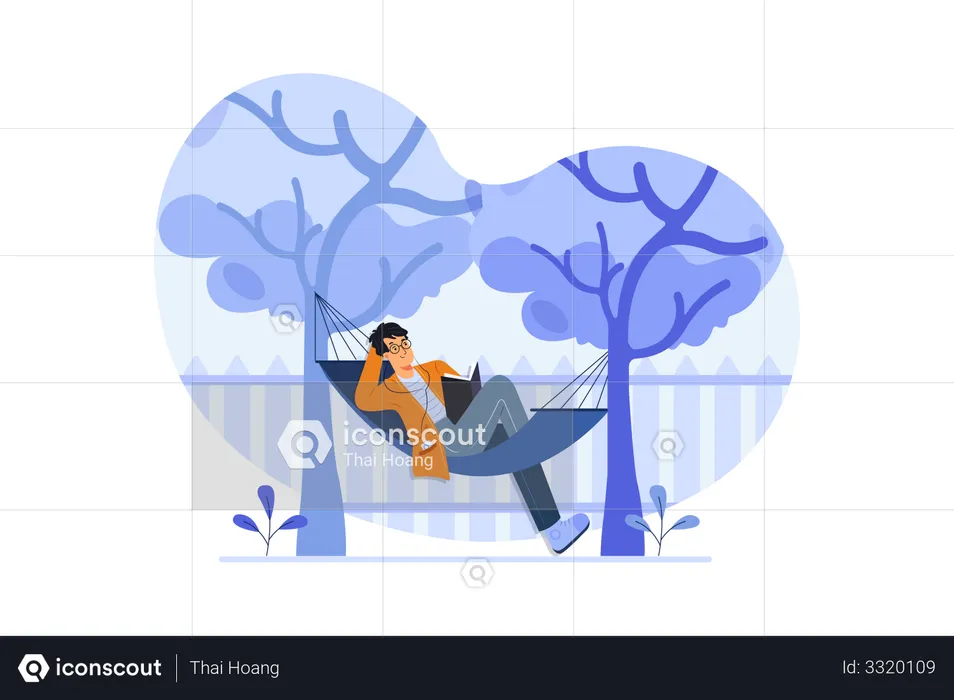 Man lying on tree swing  Illustration