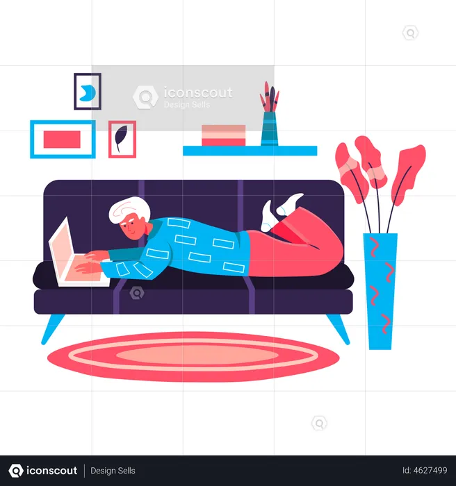 Man lying with laptop on sofa in room  Illustration