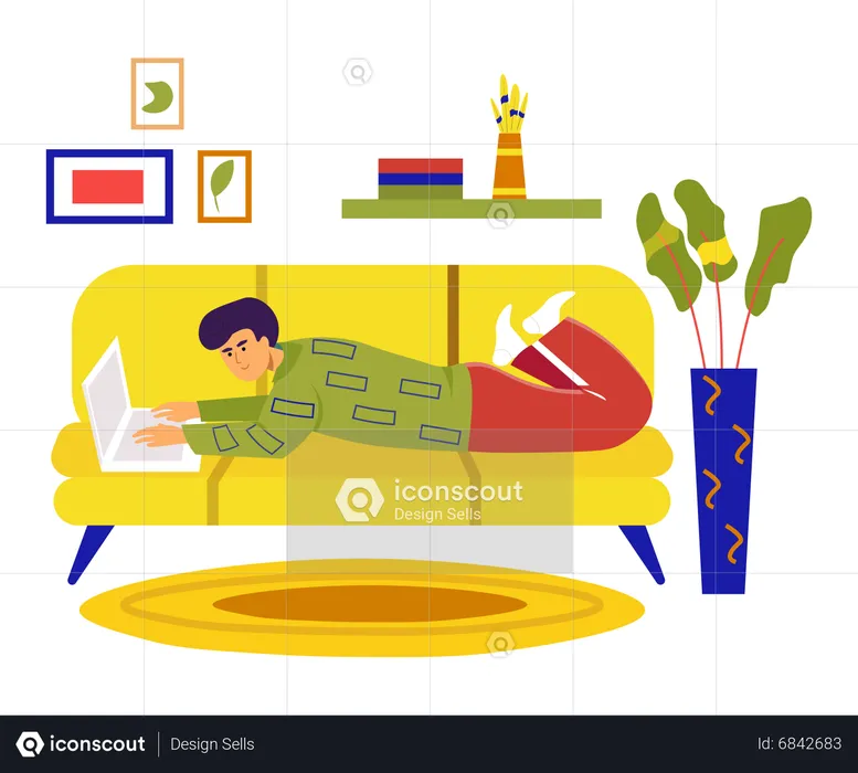 Man lying with laptop on sofa in room  Illustration