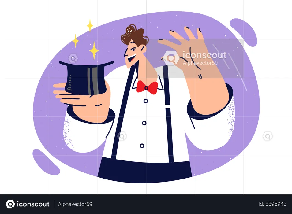 Man magician is holding hat and preparing to demonstrate magic trick  Illustration