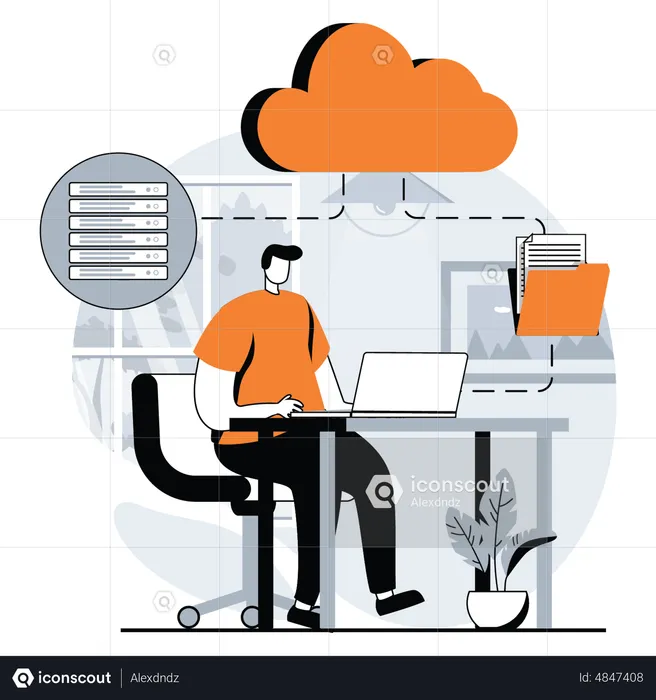 Man maintaining cloud database  Illustration