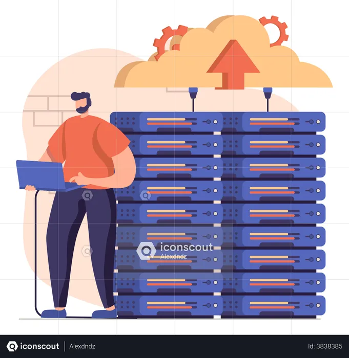 Man maintaining cloud database  Illustration