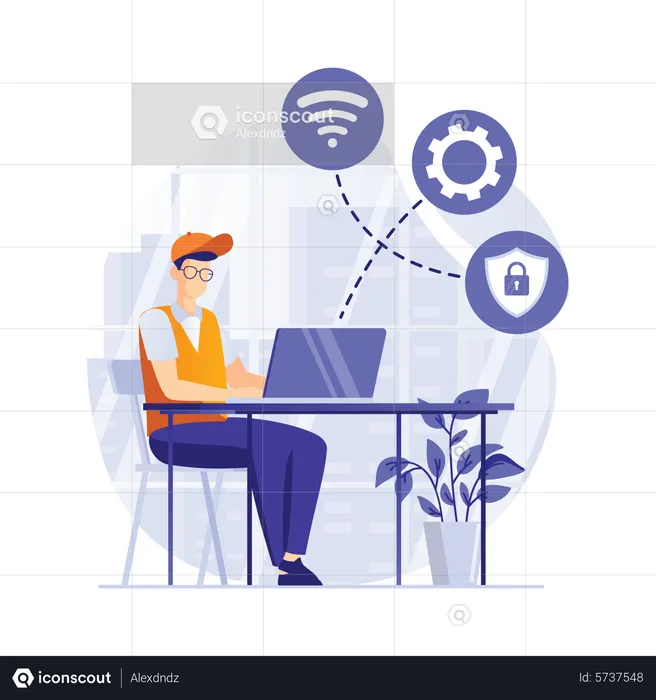 Man maintaining cloud database  Illustration