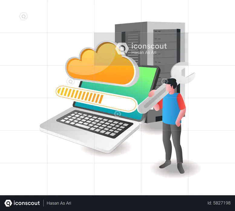 Man maintaining cloud server  Illustration