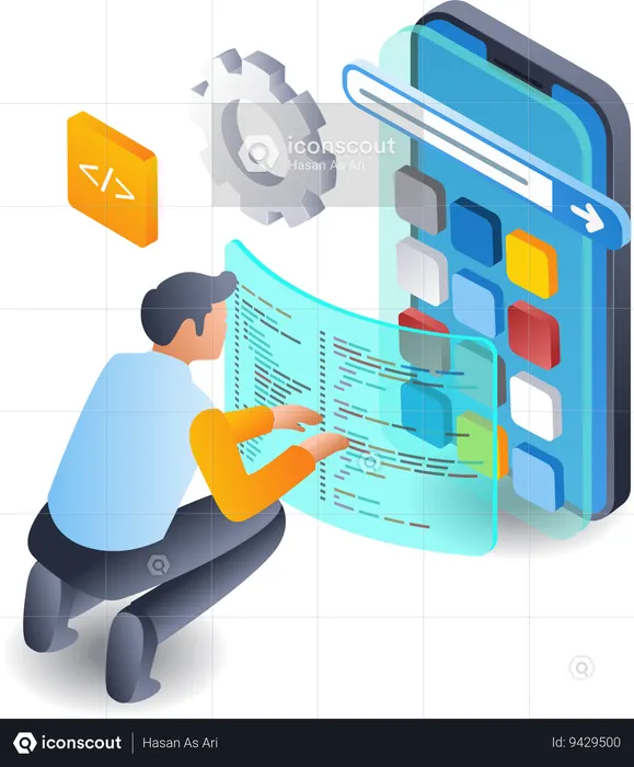 Man makes application with technology program language  Illustration