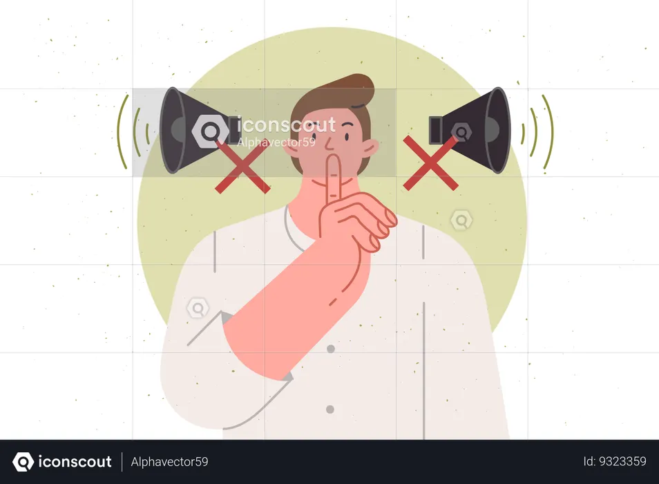 Man makes silent gesture urging him to switch phone to airplane mode and speak in whisper  Illustration