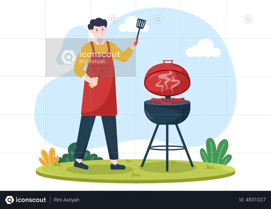 Man making barbeque with spatula  Illustration