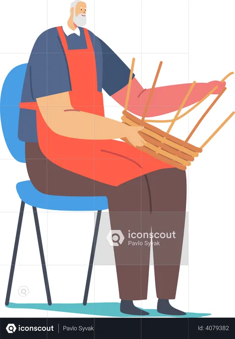 Man making handmade basket from wooden strips  Illustration