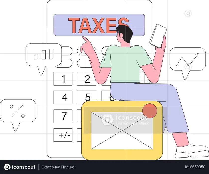 Man  making income tax return and calculating business invoices  Illustration