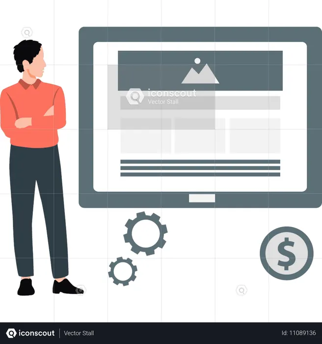 Man making marketing research and working with database and chart  Illustration