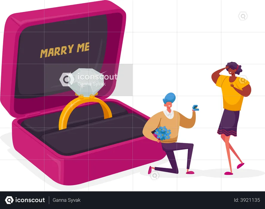 Man making marriage proposal to woman  Illustration