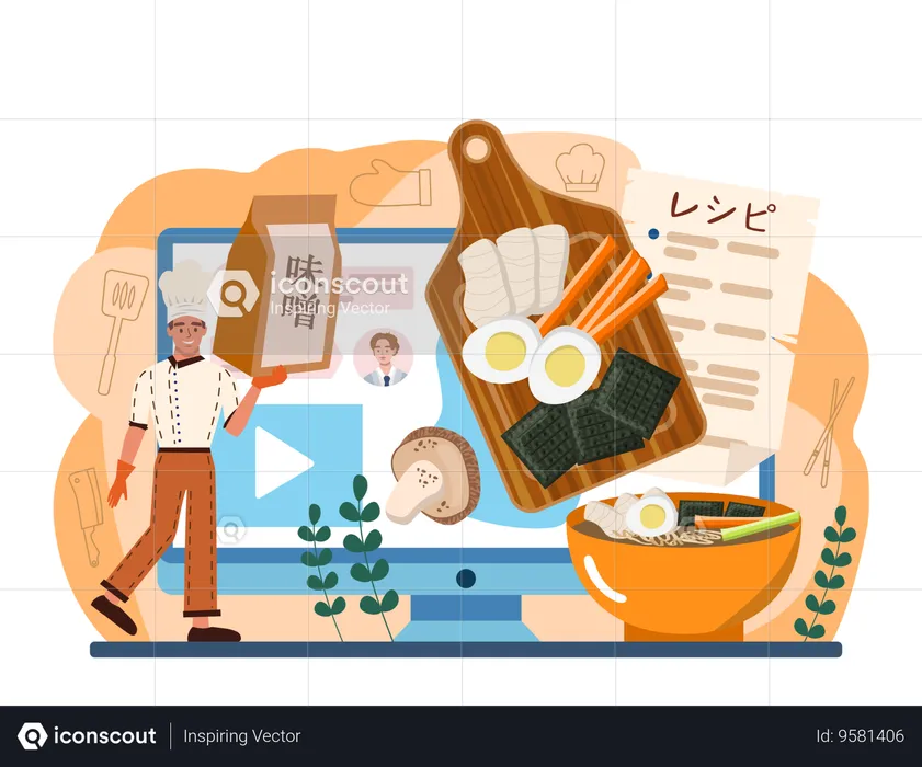 Man making online Japanese food  Illustration