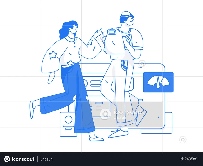 Man making performance report while girl talking about business analysis  Illustration