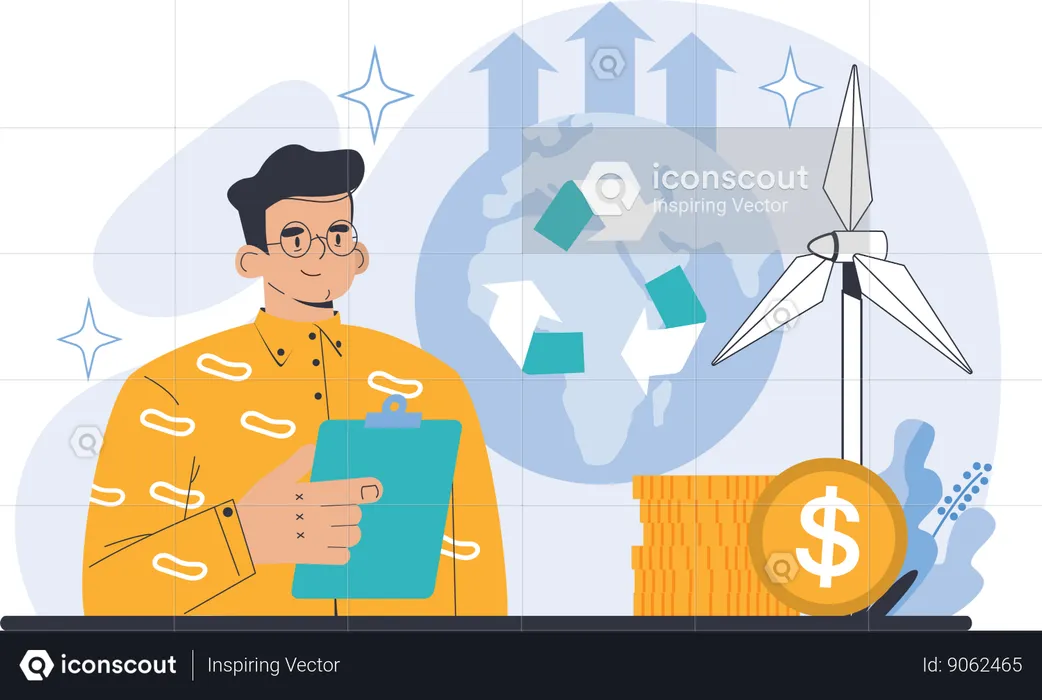 Man making renewable energy report  Illustration